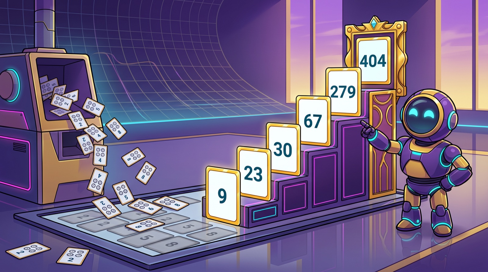 A machine tossing random weight cards onto a scoring pad, with only the highest-scoring card kept in a golden slot