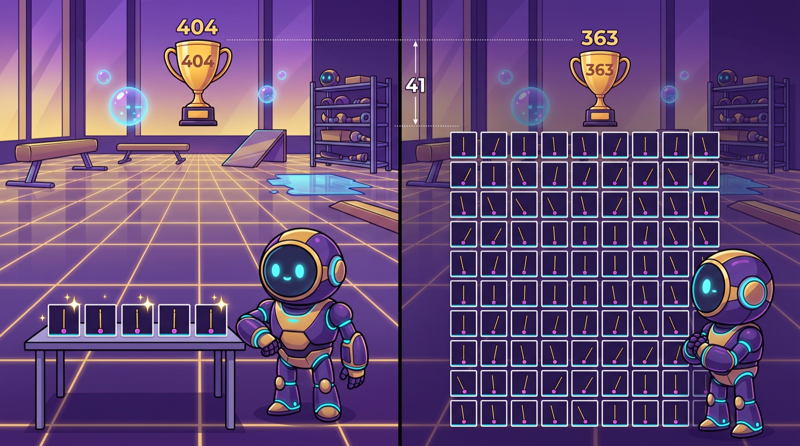 A golden trophy labeled with a high score shrinking to a smaller trophy when the same policy is re-tested on many fresh episodes