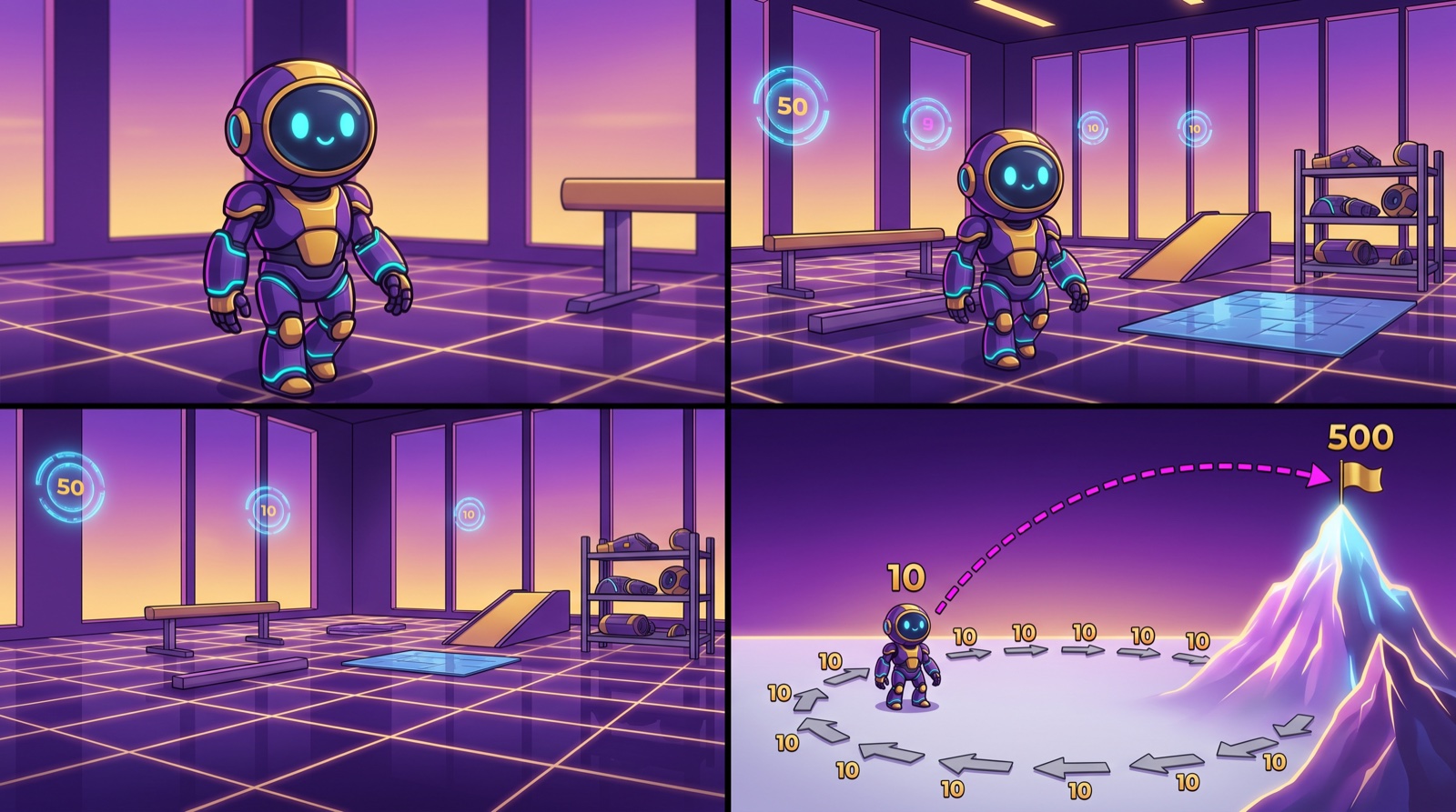 A robot standing on a wide flat plain at low height with tiny nudge arrows all pointing nowhere, while a far-away mountain is reached by a jump