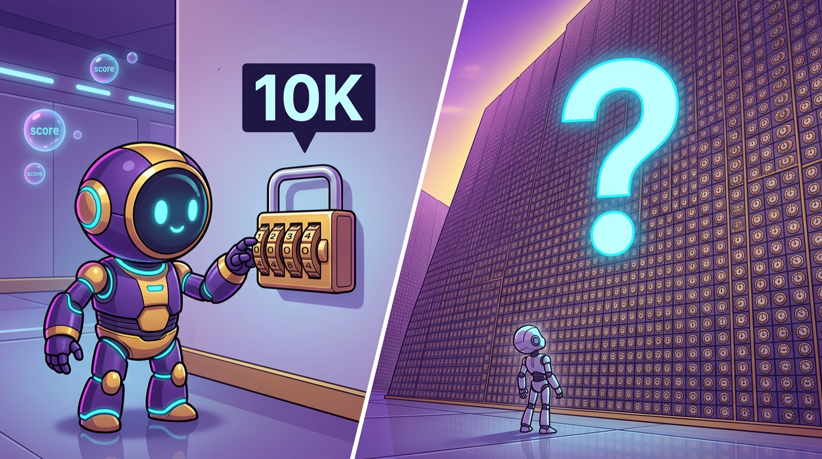 Left: a tiny lock with four dials. Right: an enormous wall of dials stretching out of sight, with a humanoid robot standing in front