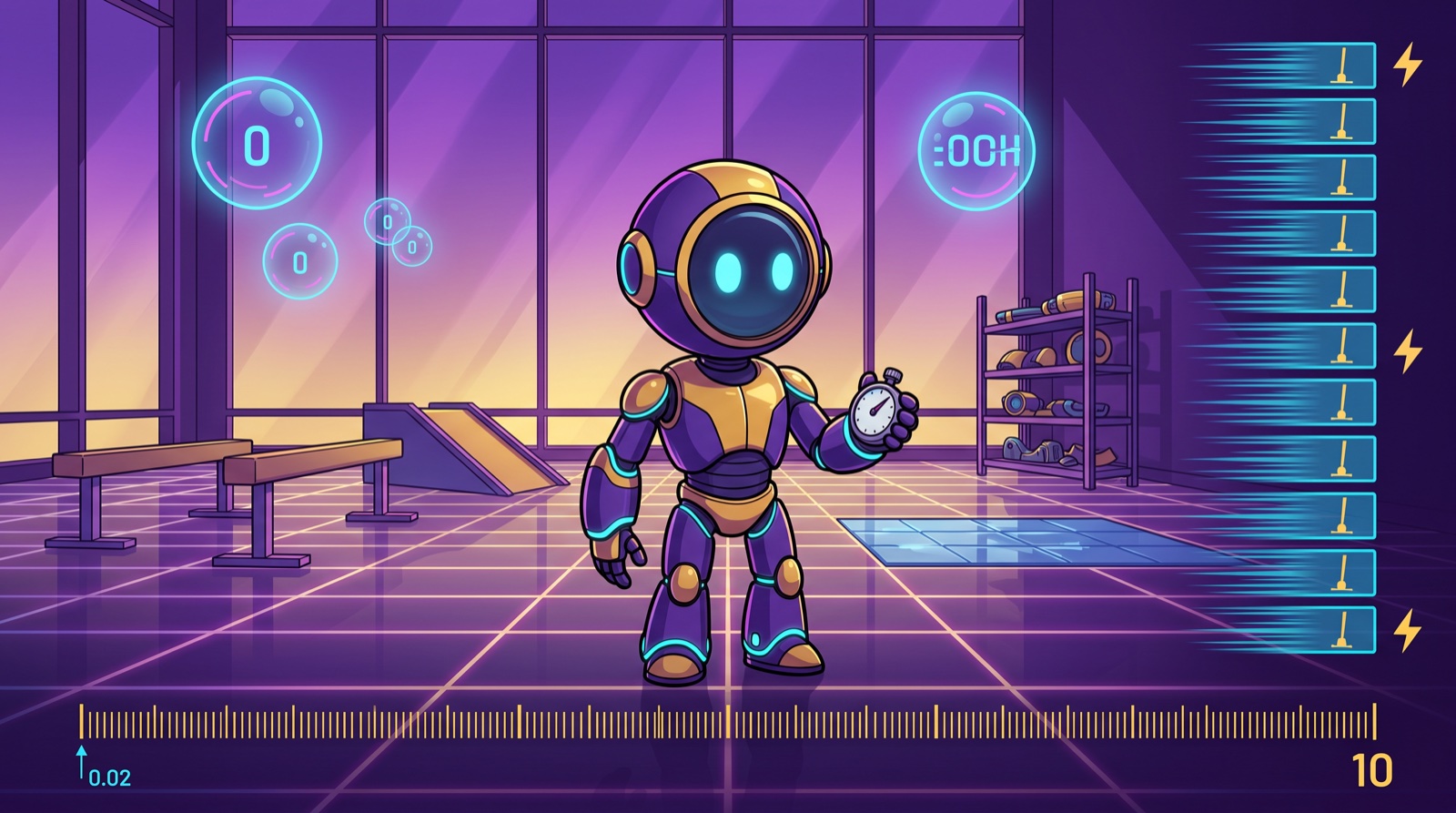 A fast-ticking clock: 500 small steps filling a ten-second bar, beside a stack of thousands of simulator copies finishing it instantly